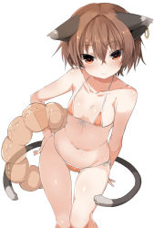 Rule 34 | 1girl, animal ears, belly, bikini, blush, breasts, brown eyes, brown hair, cat, cat ears, chen, collarbone, contrapposto, earrings, front-tie bikini top, front-tie top, gluteal fold, greatmosu, hair between eyes, hand on own hip, highres, innertube, jewelry, legs together, looking at viewer, micro bikini, multiple tails, navel, orange bikini, paw print, plump, short hair, side-tie bikini bottom, simple background, single earring, small breasts, smile, solo, standing, string bikini, swim ring, swimsuit, symbol-shaped pupils, tail, thigh gap, touhou, tsurime, two tails, white background