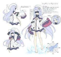 Rule 34 | 1girl, ahoge, arm belt, arms behind head, arms up, arrow (symbol), bare legs, bare shoulders, barefoot, belt, black belt, black blindfold, blindfold, blue eyes, blue hair, chain, character name, closed mouth, collar, commentary request, cropped legs, cup, detached sleeves, dress, feet, full body, hair ornament, highres, holding, holding cup, holding saucer, huge ahoge, ice, icicle, kyuutou (kyuutouryuu), light blue hair, lock, long hair, melvi burheim, metal collar, multiple views, original, parted lips, partially translated, radar chart, saucer, simple background, sleeves past fingers, sleeves past wrists, smile, snowflake hair ornament, snowflake print, solo focus, standing, teacup, toes, translation request, very long hair, white background, white dress