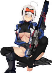 Rule 34 | 1girl, ahoge, bba1985, black shirt, black thighhighs, blush, boots, bottomless, breasts, buckle, cropped jacket, feet, full body, genderswap, genderswap (mtf), gloves, goggles, goggles on head, gun, hair between eyes, highres, holding, holding gun, holding weapon, jacket, large breasts, long sleeves, looking at viewer, mole, mole under eye, no shoes, open clothes, open jacket, overwatch, overwatch 1, pout, rifle, scar, shirt, short hair, simple background, sitting, soldier: 76 (overwatch), solo, thighhighs, toeless legwear, toes, underboob, undershirt, unworn boot, unworn boots, visor, weapon, white background, white hair, yellow eyes