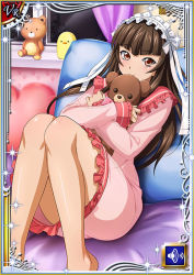 Rule 34 | 00s, 1girl, barefoot, bed, blush, breasts, brown hair, card (medium), curvy, female focus, holding, holding stuffed toy, ikkitousen, indoors, long hair, looking at viewer, lying, maid headdress, on bed, pajamas, pillow, shiny skin, sitting, small breasts, smile, solo, stuffed animal, stuffed toy, teddy bear, ten&#039;i (ikkitousen), very long hair
