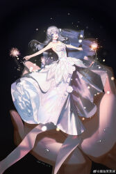 Rule 34 | 1girl, absurdres, black background, choker, deer gu fu fu ball, dress, firefly (honkai: star rail), floating hair, flower, grey hair, hair between eyes, hands up, highres, holding fireworks, honkai: star rail, honkai (series), long dress, looking at viewer, open mouth, outstretched arms, sleeveless, smile, solo, strapless, strapless dress, tiara, two-tone eyes, white choker, white dress