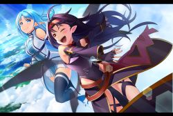 Rule 34 | 2girls, ;d, armor, asuna (sao-alo), black wings, blue eyes, blue hair, blue sky, blue thighhighs, brown eyes, cape, day, dress, fingerless gloves, floating hair, flying, gloves, lens flare, letterboxed, long hair, long sleeves, multiple girls, nyanmaru, one eye closed, open mouth, outdoors, pleated dress, pointy ears, purple armor, purple cape, purple gloves, purple hair, purple sleeves, short dress, sky, sleeveless, sleeveless dress, smile, sunlight, sword art online, thigh strap, thighhighs, very long hair, waist cape, wings, yuuki (sao), zettai ryouiki