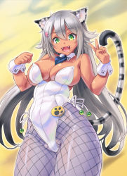 Rule 34 | 1girl, animal ears, bare arms, bare shoulders, between breasts, breasts, catsuit, dark-skinned female, dark skin, detached collar, fangs, female focus, fishnet pantyhose, fishnets, green eyes, kittysuit, kiyama satoshi, large breasts, leotard, long hair, md5 mismatch, necktie, necktie between breasts, nontraditional playboy bunny, open mouth, original, pantyhose, paw print, silver hair, smile, solo, tail, tiger ears, tiger tail, v, very long hair, wrist cuffs