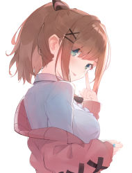 Rule 34 | 1girl, alternate hairstyle, aqua eyes, blue nails, breasts, brown hair, cardigan, collared shirt, from behind, hair ornament, hairclip, highres, index finger raised, large breasts, long sleeves, looking at viewer, nail polish, nijisanji, pink cardigan, ponytail, shirt, short hair, short ponytail, sidelocks, simple background, solo, suzuhara lulu, t6 ti, virtual youtuber, white background, white shirt, x hair ornament