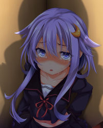 Rule 34 | 10s, 1girl, bad id, bad pixiv id, blush, crescent, crescent hair ornament, hair ornament, highres, kantai collection, long hair, looking at viewer, midriff, navel, ogami kazuki, open mouth, purple hair, school uniform, shadow, short hair with long locks, solo focus, sweat, tears, yayoi (kancolle)
