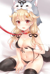 Rule 34 | 1girl, alternate hairstyle, animal collar, bare arms, bare shoulders, bed sheet, bikini, black bikini, black ribbon, black thighhighs, blonde hair, blush, breast hold, breasts, buckle, cleavage, collar, collarbone, commentary request, fang, front-tie bikini top, front-tie top, full body, hair flaps, hair ornament, hair ribbon, hairclip, hood, kantai collection, leash, long hair, looking at viewer, low twintails, medium breasts, navel, nikoo, pillow, red eyes, ribbon, simple background, sitting, skin fang, solo, stomach, string bikini, swimsuit, tail, thighhighs, twintails, untied bikini, very long hair, viewer holding leash, wariza, white background, wolf hood, wolf tail, yuudachi (kancolle), yuudachi kai ni (kancolle)