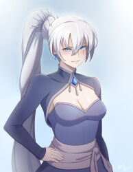 Rule 34 | 1girl, biting own lip, blue dress, blue eyes, breasts, cleavage, dangle earrings, dress, earrings, hair ornament, hand on own hip, high side ponytail, highres, jewelry, long hair, medium breasts, parted lips, rwby, sash, scar, scar across eye, scar on face, shrug (clothing), solo, tiara, upper body, v-shaped eyebrows, very long hair, vilde loh hocen, weiss schnee