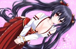 Rule 34 | 1girl, bare shoulders, black hair, blush, breasts, cleavage, hair between eyes, hair ornament, hair ribbon, highres, japanese clothes, long hair, looking at viewer, miko, neptune (series), noire (neptunia), red eyes, ribbon, shaah candidate, smile, solo, twintails