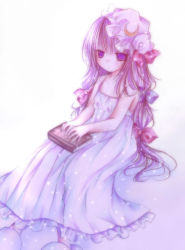 Rule 34 | 1girl, bad id, bad pixiv id, book, female focus, gradient background, hat, kasuga sunao, long hair, patchouli knowledge, purple hair, ribbon, sitting, solo, touhou, white background