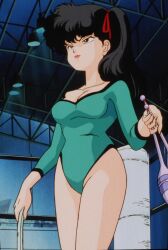 Rule 34 | 1990s (style), 1girl, bare legs, black hair, blue eyes, breasts, cleavage, green leotard, holding, holding weapon, kunou kodachi, leotard, long hair, ponytail, ranma 1/2, retro artstyle, ribbon, screencap, side ponytail, solo, standing, third-party edit, weapon, wide hips
