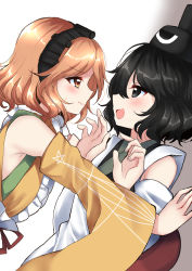 Rule 34 | 2others, against wall, androgynous, bare shoulders, black eyes, black hair, blush, detached sleeves, eye contact, face-to-face, hairband, hand on wall, hat, highres, kabedon, len&#039;en, looking at another, multiple others, orange eyes, orange hair, ougi hina, senri tsurubami, short hair, smile, zuifeng tenkai
