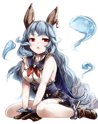 Rule 34 | 10s, 1girl, animal ears, bare arms, bare shoulders, blue hair, breasts, brown gloves, rabbit ears, erune, ferry (granblue fantasy), gloves, granblue fantasy, long hair, looking at viewer, miyase mahiro, open mouth, red eyes, shirt, sitting, skirt, sleeveless, sleeveless shirt, solo, v arms, very long hair, wariza