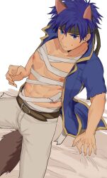 Rule 34 | 1boy, abs, animal ears, bandages, bed sheet, belt, blue eyes, blue hair, blue jacket, closed mouth, collarbone, commentary request, fake animal ears, fake tail, fire emblem, fire emblem: path of radiance, gold trim, green headband, grey pants, headband, highres, ike (fire emblem), jacket, male focus, mimummom, nintendo, nipples, open clothes, open jacket, pants, short hair, simple background, sitting, solo, sweat, tail, white background