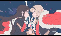 Rule 34 | 2girls, black hairband, black jacket, blonde hair, blue background, brown hair, closed mouth, commentary request, epaulettes, eye contact, falling petals, frown, fur-trimmed jacket, fur trim, hair ribbon, hairband, holding, holding sword, holding weapon, jacket, letterboxed, long hair, looking at another, multiple girls, petals, pink eyes, purple eyes, purple ribbon, red jacket, red sash, ribbon, roneco, saijou claudine, sash, shoujo kageki revue starlight, sword, tendou maya, upper body, weapon