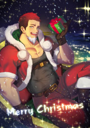 Rule 34 | 1boy, bara, belt, black gloves, black tank top, boots, box, earrings, facial hair, gift, gift box, gloves, goatee, highres, holding, holding gift, jacket, jewelry, large pectorals, male focus, merry christmas, muscular, muscular male, night, night sky, open clothes, open jacket, open mouth, original, pants, pectorals, red hair, red jacket, red pants, santa boots, santa costume, short hair, sky, smile, snowing, solo, tank top, waku (ayamix)
