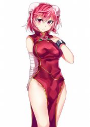 Rule 34 | 1girl, adapted costume, alternate costume, bandages, bandaged arm, bandages, blush, breasts, bun cover, china dress, chinese clothes, cuffs, double bun, dress, female focus, flower, highres, ibaraki kasen, large breasts, looking at viewer, no panties, pink eyes, pink hair, rose, short hair, simple background, solo, touhou, u u zan, white background