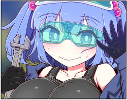 Rule 34 | 1girl, black gloves, black tank top, blush, border, breasts, bright pupils, closed mouth, commentary request, gloves, holding, holding wrench, kawashiro nitori, large breasts, looking at viewer, off shoulder, portrait, purple hair, safety glasses, smile, solo, sweatdrop, tank top, touhou, two side up, waving, white border, white pupils, wrench, yassy