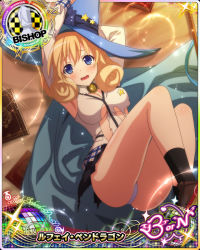 Rule 34 | 1girl, bishop (chess), blonde hair, blue eyes, blue hat, card (medium), character name, chess piece, embarrassed, hat, high school dxd, high school dxd born, high school dxd hero, le fay pendragon, panties, pantyshot, socks, solo, tagme, torn clothes, underwear, witch hat
