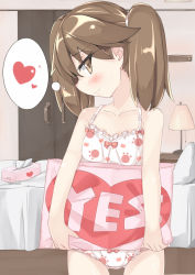 Rule 34 | 10s, 1girl, bare shoulders, bed, beritabo, blush, brown eyes, brown hair, closet, heart, kantai collection, lamp, long hair, no headwear, no headwear, paw print, pillow, ryuujou (kancolle), sideways glance, smile, solo, thought bubble, tissue box, underwear, underwear only, yes, yes-no pillow