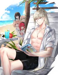 Rule 34 | 1boy, 4girls, :o, :p, bai winchester, bare pectorals, beach, black hair, black male swimwear, blonde hair, blue sky, book, chair, closed mouth, closers, cloud, collared shirt, crossed legs, cup, dress, drinking glass, drinking straw, expressionless, feet out of frame, flower, food, fruit, green eyes, heterochromia, highres, holding, holding book, holding magazine, holding pen, jammers, jewelry, leaf, lemon, lemon slice, long hair, looking at another, lounge chair, luna aegis (closers), magazine (object), male swimwear, medium hair, multiple girls, necklace, ocean, official art, on chair, open clothes, opening book, orange hair, pectorals, pen, pink eyes, ponytail, purple eyes, red eyes, red flower, red hair, seth (closers), shirt, short sleeves, sitting, sky, soma (closers), sparkle, standing, stomach, tongue, tongue out, twintails, v-shaped eyebrows, very long hair, white dress, white shirt, wolfgang schneider