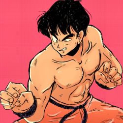 Rule 34 | 1boy, abs, belt, black eyes, black hair, blush, clenched teeth, collarbone, dragon ball, dragon ball (classic), fighting stance, half-closed eye, hands up, legs apart, light blush, male focus, muscular, muscular male, nipples, orange pants, pants, pectorals, pink background, short hair, simple background, sketch, solo, standing, stellarspin, teeth, thick eyebrows, topless male, uneven eyes, v-shaped eyebrows, wristband, yamcha