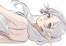 Rule 34 | 1girl, bare arms, camisole, closed mouth, earrings, elf, green eyes, jewelry, long hair, looking at viewer, pointy ears, sideways, simple background, solo, sousou no frieren, twintails, u0oouo, upper body, white background, white camisole, white hair