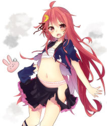 Rule 34 | 10s, 1girl, ahoge, bad id, bad pixiv id, blush, breasts, crescent, crescent hair ornament, flat chest, hair ornament, kantai collection, long hair, looking at viewer, navel, open mouth, panties, personification, red eyes, red hair, sarashi, skirt, solo, striped clothes, striped panties, tears, torn clothes, torn skirt, underwear, uzuki (kancolle), very long hair, watase (abe)