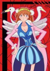 Rule 34 | 1girl, absurdres, alternate breast size, artist request, bare legs, blue eyes, bon clay, bon clay (cosplay), breasts, brown hair, cleavage, cosplay, crossover, fake wings, hair ornament, highres, large breasts, looking at viewer, neon genesis evangelion, one piece, souryuu asuka langley, standing, transformation, two side up, wings
