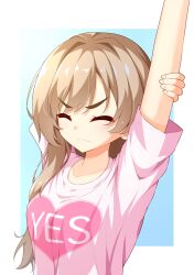 Rule 34 | 1girl, :3, arm behind head, arm up, blue background, breasts, brown hair, closed eyes, closed mouth, collarbone, commentary request, hair between eyes, heart, highres, light blush, mikuni sairi, pink shirt, sesen2000, shirt, short sleeves, side ponytail, simple background, small breasts, solo, stretching, tenshi souzou re-boot!, upper body, v-shaped eyebrows, white background, yes