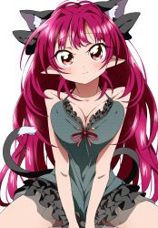 Rule 34 | 1girl, alternate hair length, alternate hairstyle, animal ears, bare arms, bare shoulders, blush, breasts, bwell, camisole, cat ears, cat tail, cleavage, extra ears, hair ribbon, head tilt, highres, kaenbyou rin, lingerie, long hair, looking at viewer, medium breasts, multiple tails, pointy ears, red eyes, red hair, ribbon, simple background, sitting, smile, solo, tail, touhou, underwear, very long hair, white background