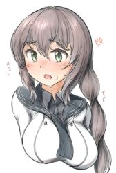 Rule 34 | 1girl, black necktie, black sailor collar, braid, breasts, brown hair, commentary request, green eyes, highres, kantai collection, large breasts, looking to the side, necktie, noshiro (kancolle), noshiro kai ni (kancolle), sailor collar, sailor shirt, shirt, simple background, solo, straightbeta, swept bangs, twin braids, upper body, white background, white shirt
