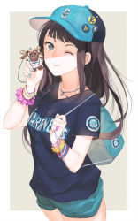 Rule 34 | 1girl, ;), backpack, bad id, bad pixiv id, badge, bag, baseball cap, baseball uniform, black hair, blue eyes, blunt bangs, bracelet, breasts, button badge, buttons, character doll, cowboy shot, ekao, from side, grey background, hat, holding, jewelry, long hair, looking at viewer, lots of jewelry, major league baseball, mariner moose, mascot, nail polish, necklace, one eye closed, original, polka dot, ring, scrunchie, seattle mariners, short shorts, short sleeves, shorts, sidelocks, simple background, small breasts, smile, solo, sportswear, standing, striped, wrist scrunchie, wristband
