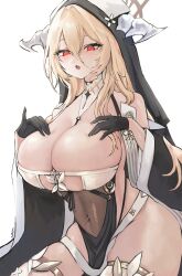 Rule 34 | 1girl, azur lane, between breasts, black gloves, breast cutout, breasts, cleavage, covered navel, estelle8js, fake horns, gloves, habit, half gloves, hand on own chest, highres, horns, huge breasts, implacable (azur lane), long bangs, nun, open mouth, pelvic curtain, revealing clothes, thighhighs, two-tone dress, veil, white background, white horns, white thighhighs
