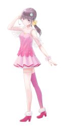 Rule 34 | 1girl, adapted costume, bad id, bad pixiv id, brown hair, clothing cutout, collarbone, cure star, from side, full body, hair ornament, highres, jewelry, long hair, lov9, miniskirt, necklace, pink skirt, pink thighhighs, pleated skirt, precure, red eyes, see-through, shoulder cutout, simple background, single thighhigh, skirt, solo, standing, star (symbol), star necklace, star twinkle precure, thigh strap, thighhighs, white background, wrist cuffs, zettai ryouiki