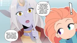 Rule 34 | 2girls, :o, absurdres, artist name, blonde hair, colored skin, english text, green eyes, grey hair, grey skin, hand up, heterochromia, highres, horns, index finger raised, league of legends, long hair, multiple girls, odeko yma, orange eyes, outline, purple eyes, scarf, single horn, soraka (league of legends), speech bubble, striped clothes, striped scarf, watermark, white outline, zoe (league of legends)