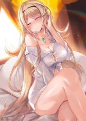 Rule 34 | 1girl, alternate costume, bed, blonde hair, breasts, button gap, chest jewel, cleavage, collared shirt, crossed legs, dress shirt, female focus, hairband, inoue takuya (tactactak), large breasts, long hair, long sleeves, messy hair, mythra (xenoblade), naked shirt, shirt, single bare shoulder, sitting, solo, swept bangs, very long hair, white shirt, xenoblade chronicles (series), xenoblade chronicles 2, yellow eyes