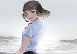 Rule 34 | 1girl, arched back, backlighting, blue shirt, blue sky, brown eyes, brown hair, day, from side, hair blowing, halha 20, head tilt, highres, horizon, looking at viewer, looking back, mountain, ocean, open mouth, original, outdoors, school uniform, shirt, shore, short hair, short sleeves, sky, smile, solo, standing, teeth, upper body, upper teeth only, wind