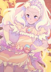 Rule 34 | 1girl, amamiya elena, blonde hair, blush, bouzu (bonze), brooch, closed mouth, commentary request, cure soleil, earrings, eyebrows, hands on own hips, highres, jewelry, long hair, magical girl, mole, mole under eye, necklace, orange skirt, precure, purple eyes, skirt, smile, solo, star (symbol), star twinkle precure