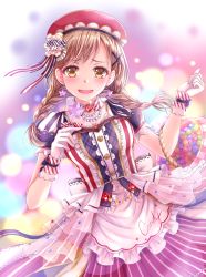 Rule 34 | 1girl, alternate hairstyle, bang dream!, basket, beret, blonde hair, blurry, blush, bokeh, bow, bowtie, braid, brooch, candy, candy hair ornament, center frills, clenched hand, commentary request, depth of field, dress, embarrassed, food, food-themed hair ornament, frills, gloves, hair ornament, hair ribbon, hand up, hat, highres, holding, holding candy, holding food, holding lollipop, ichigaya arisa, jewelry, lollipop, long hair, looking at viewer, necklace, open mouth, overskirt, pearl necklace, red hat, ribbon, rirachoko, shoulder ribbon, smile, solo, star (sky), star (symbol), striped bow, striped bowtie, striped clothes, striped neckwear, striped ribbon, twin braids, white gloves, x hair ornament, yellow eyes
