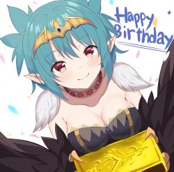 Rule 34 | 1girl, absurdres, black feathers, black wings, blue hair, blush, breasts, claws, cleavage, feathered wings, feathers, gold bar, hair between eyes, happy, harpy, highres, holding, hzhc, indie virtual youtuber, lincoro, looking at viewer, medium breasts, monster girl, pointy ears, red eyes, short hair, short twintails, smile, solo, tiara, twintails, virtual youtuber, winged arms, wings