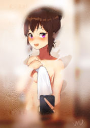 Rule 34 | 1girl, bad id, bad pixiv id, bathing, blush, breasts, brown hair, cellphone, completely nude, condensation, highres, long hair, makise kurisu, mirror, naked towel, navel, nude, open mouth, phone, purple eyes, reflection, selfie, smartphone, solo, steam, steins;gate, towel, upper body, wujia xiaozi