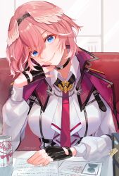 Rule 34 | 1girl, absurdres, black choker, black gloves, black hairband, blue eyes, breasts, choker, closed mouth, collared shirt, cup, fingerless gloves, gloves, hair between eyes, hairband, head wings, highres, hololive, large breasts, long sleeves, necktie, paper, pink hair, pink necktie, shirt, short hair, sirom, smile, solo, takane lui, twitter username, virtual youtuber, white shirt, wings, zipper, zipper pull tab