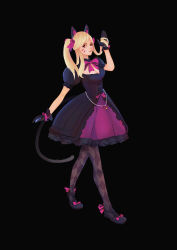 Rule 34 | 1girl, affa otto, animal ears, argyle, argyle clothes, argyle legwear, bad id, bad pixiv id, bead bracelet, beads, black background, black cat d.va, black dress, black footwear, black gloves, blonde hair, bow, bracelet, breasts, brown eyes, cat ears, cleavage, d.va (overwatch), dress, facepaint, facial mark, full body, gloves, hand in own hair, highres, jewelry, light smile, lolita fashion, looking at viewer, medium breasts, official alternate costume, overwatch, overwatch 1, pantyhose, pink bow, puffy short sleeves, puffy sleeves, short sleeves, sideways glance, simple background, solo, twintails, walking, whisker markings