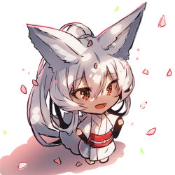 Rule 34 | 1girl, :d, animal ear fluff, animal ears, barefoot, chibi, commentary request, fox ears, fox girl, fox tail, full body, hair between eyes, highres, japanese clothes, kimono, long sleeves, looking away, obi, open mouth, original, petals, ponytail, red eyes, sash, silver hair, smile, solo, standing, tail, white background, white kimono, wide sleeves, yuuji (yukimimi)