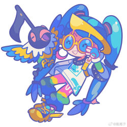 Rule 34 | 1girl, blue-tinted eyewear, blue hair, chatot, chinese commentary, closed eyes, commentary request, creatures (company), fingerless gloves, full body, game freak, gen 4 pokemon, gloves, hatsune miku, highres, horrorratman, jewelry, long hair, multicolored pants, nintendo, normal miku (project voltage), pants, pokemon, pokemon (creature), project voltage, shirt, shoes, simple background, smile, sunglasses, tinted eyewear, twintails, very long hair, vocaloid, white background, white shirt, yellow-framed eyewear