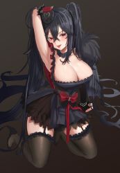 Rule 34 | 1girl, absurdres, arm behind head, armpits, asymmetrical sleeves, azur lane, black hair, black thighhighs, bow, breasts, cherrymaru, cleavage, detached collar, dress, garter straps, hair between eyes, hair ornament, highres, kneeling, large breasts, long hair, red bow, red eyes, revision, short dress, single sleeve, solo, strapless, strapless dress, taihou (azur lane), taihou (muse) (azur lane), thighhighs, tongue, tongue out, twintails, uneven sleeves, very long hair, zettai ryouiki
