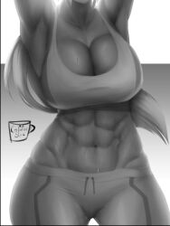 Rule 34 | 1girl, abs, armpits, arms up, breasts, cleavage, coffeeslice, female focus, head out of frame, highres, large breasts, long hair, monochrome, muscular, muscular female, navel, solo, sweat, thick thighs, thighs, wide hips