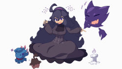 Rule 34 | 1girl, @ @, afuron, ahoge, alternate breast size, black hair, blush, breasts, closed mouth, cloth, commentary request, creatures (company), curly hair, dress, game freak, gen 1 pokemon, gen 2 pokemon, gen 6 pokemon, grey eyes, hair between eyes, hairband, hand up, haunter, headpat, hex maniac (pokemon), large breasts, long hair, looking at viewer, misdreavus, nintendo, pokemon, pokemon (creature), pokemon xy, pumpkaboo, purple hairband