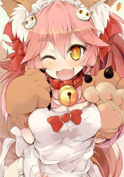 Rule 34 | 10s, 1girl, ;d, animal ears, animal hands, bell, blush, breasts, cat hair ornament, cleavage, collar, eyebrows, fang, fate/extra, fate/grand order, fate (series), fox ears, fox tail, hair ornament, long hair, looking at viewer, neck bell, one eye closed, open mouth, pink hair, rakkogawa rinro, smile, solo, tail, tamamo (fate), tamamo cat (fate), tamamo cat (third ascension) (fate), tamamo no mae (fate/extra), yellow eyes