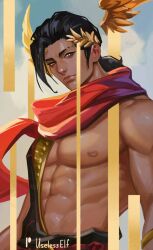 Rule 34 | 1boy, abs, bare pectorals, black hair, closed mouth, commentary, english commentary, hades (series), hades 1, hades 2, head wings, hermes (hades), highres, laurel crown, looking at viewer, male focus, muscular, muscular male, nipples, pectorals, ponytail, red scarf, scarf, signature, solo, three quarter view, upper body, useless elf, wings